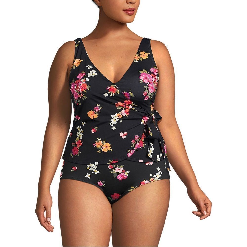 Land's End Plus Size side tie tankini top soft cup black meadow floral Various